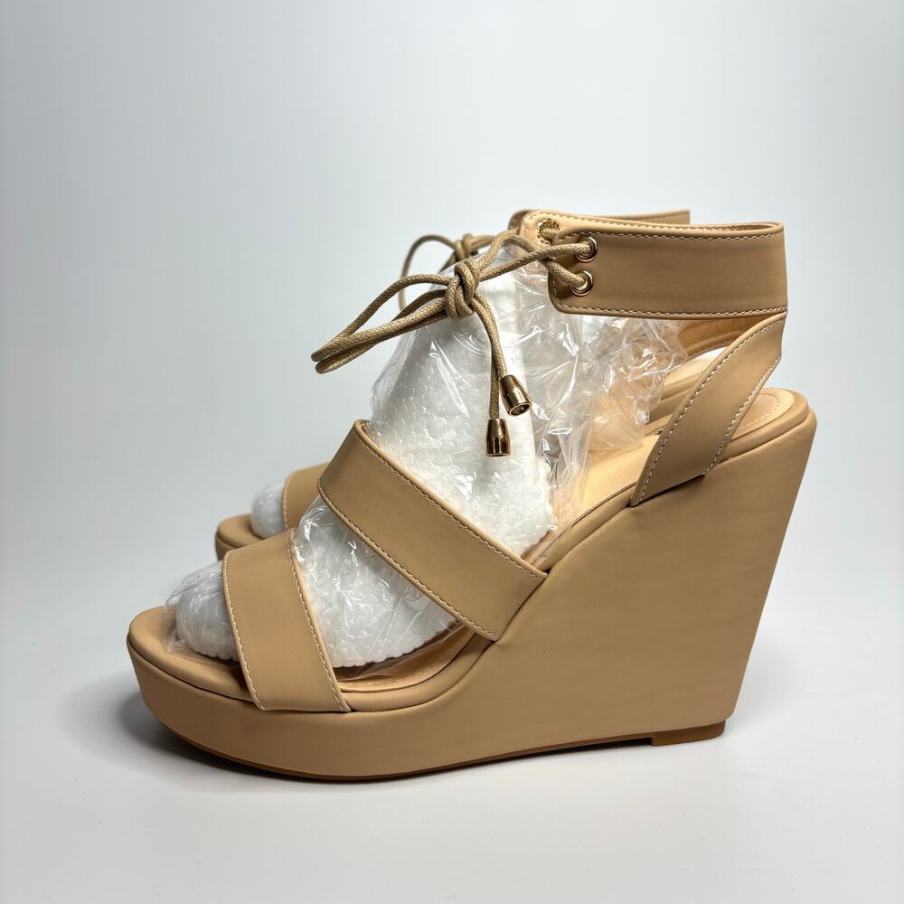 Ashley A Lisa Lace Up Ankle Strap Platform Wedge Heeled Sandals in Nude